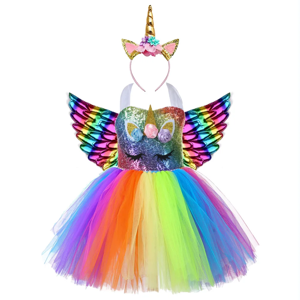 

Cute Kids Unicorn Theme Birthday Party Unicorn Dress Girl Rainbow Sequin Top Christmas Dress for Baby Unicorn Children Clothes