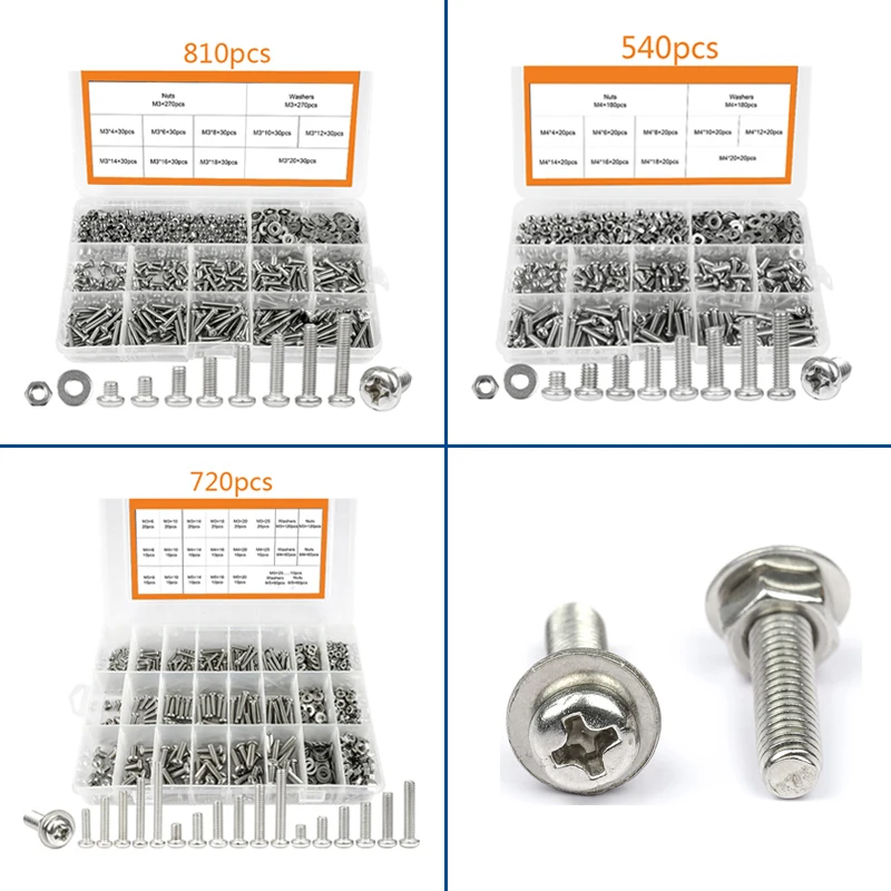 540/720/810pcs Cross Recessed Round Head M3 M4 M5 Screw Set Nut Washer Stainless Steel Phillips Machine Screw Assorted Kit