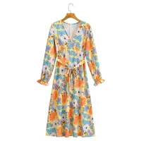 summer women floral print v neck sashes midi dress female long sleeve clothes leisure lady loose vestido d7980