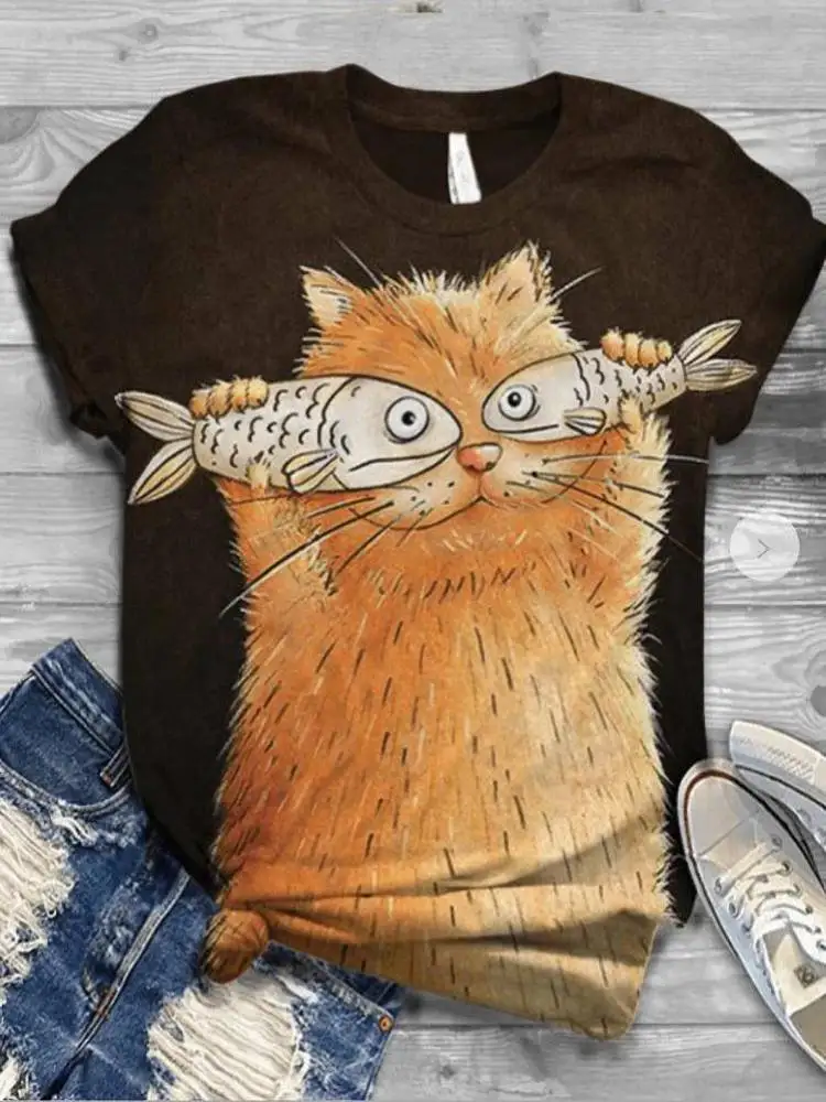 

Spring/Summer 2021 3XL plus size women's animal cat print round neck casual top short sleeve T-shirt