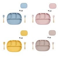 newly designed four compartment dinner plate food grade silicone suction plate wooden handle fork spoon childrens product