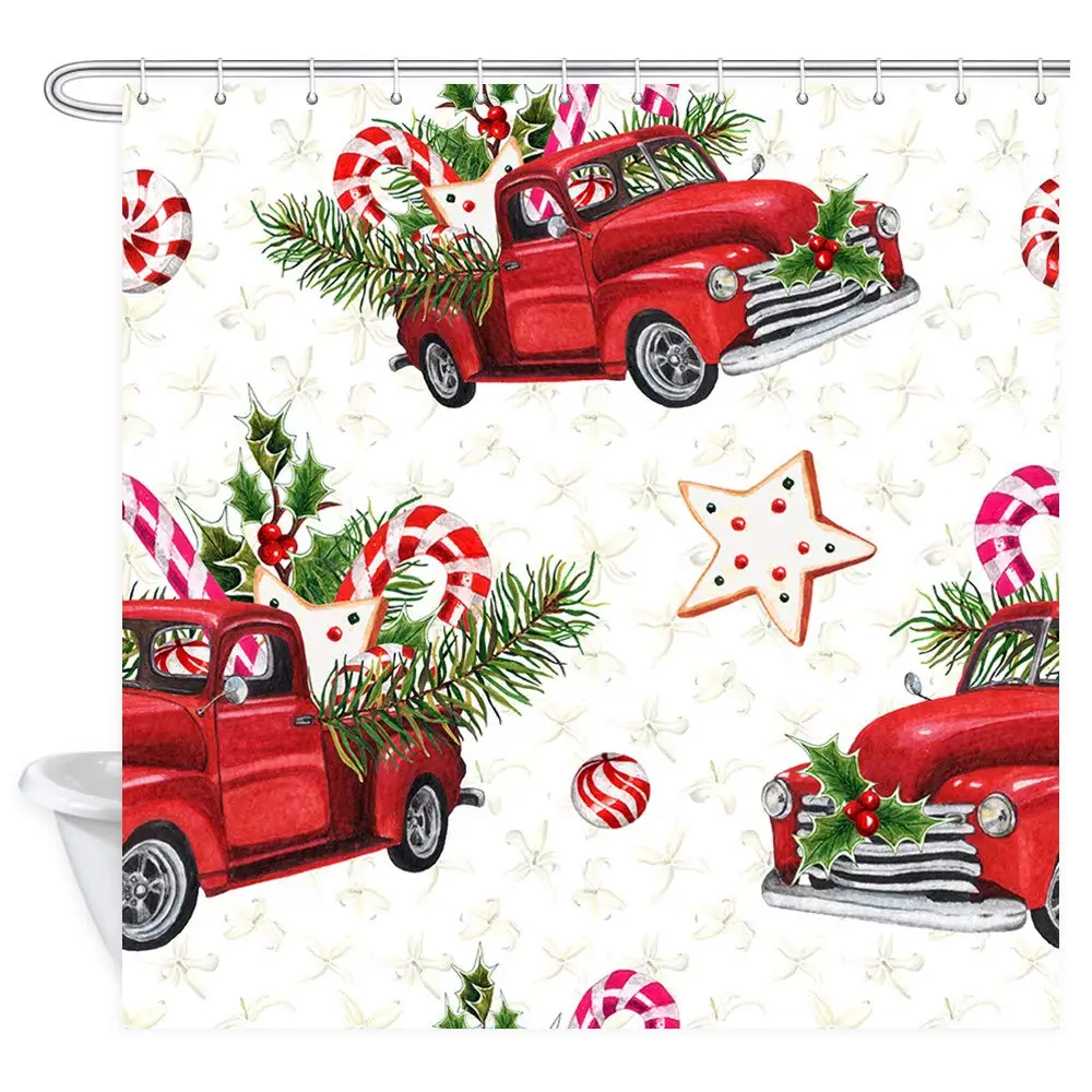 Рождество Новый Год акварельный Винтажный Грузовик с конфетами шторы для ванной