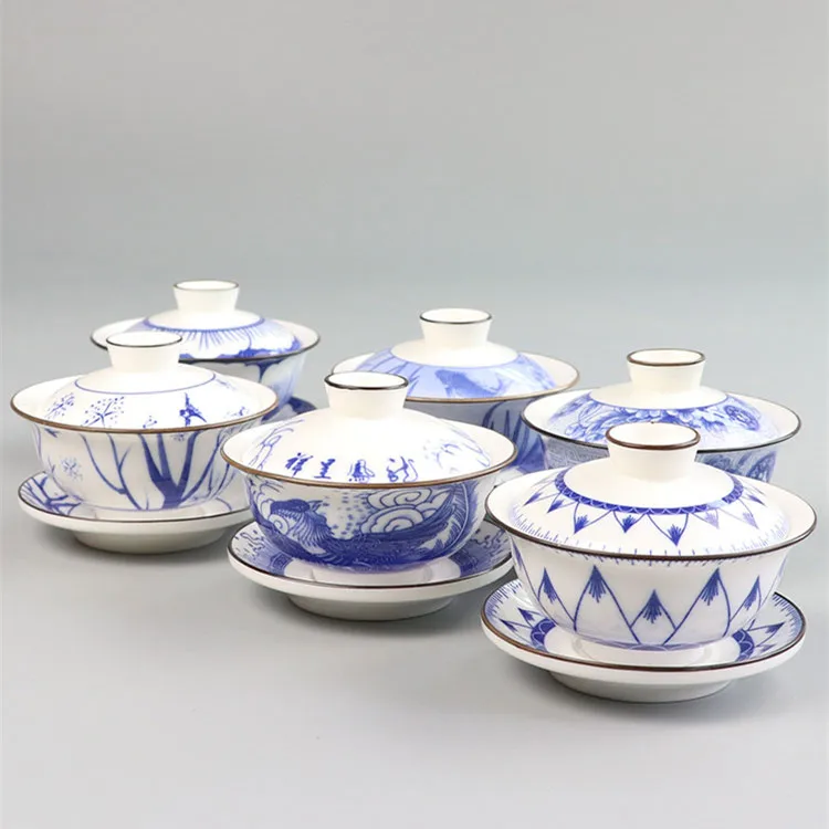 Китайский чайный сервиз Gaiwan Jingdezhen сине белая фарфоровая чайная чашка и блюдце