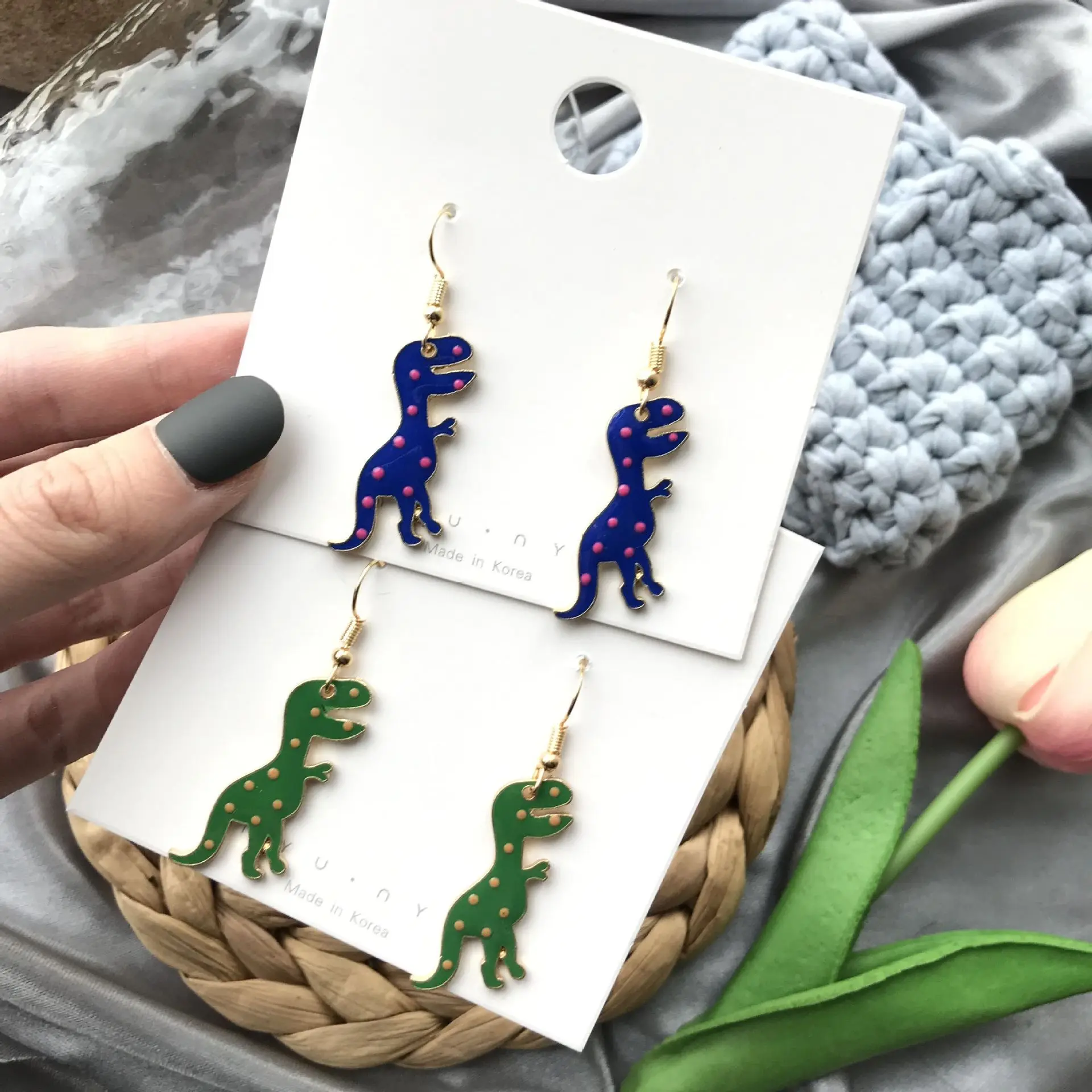 

Unusual earrings jewelry cartoon purple funny cute dinosaur wave point contrast color earrings for women 2020 trend