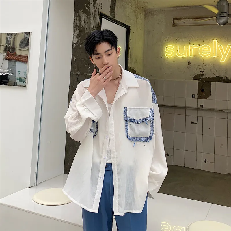 Большой карман лоскутное дизайн рубашки для мужчин с длинным рукавом Свободные