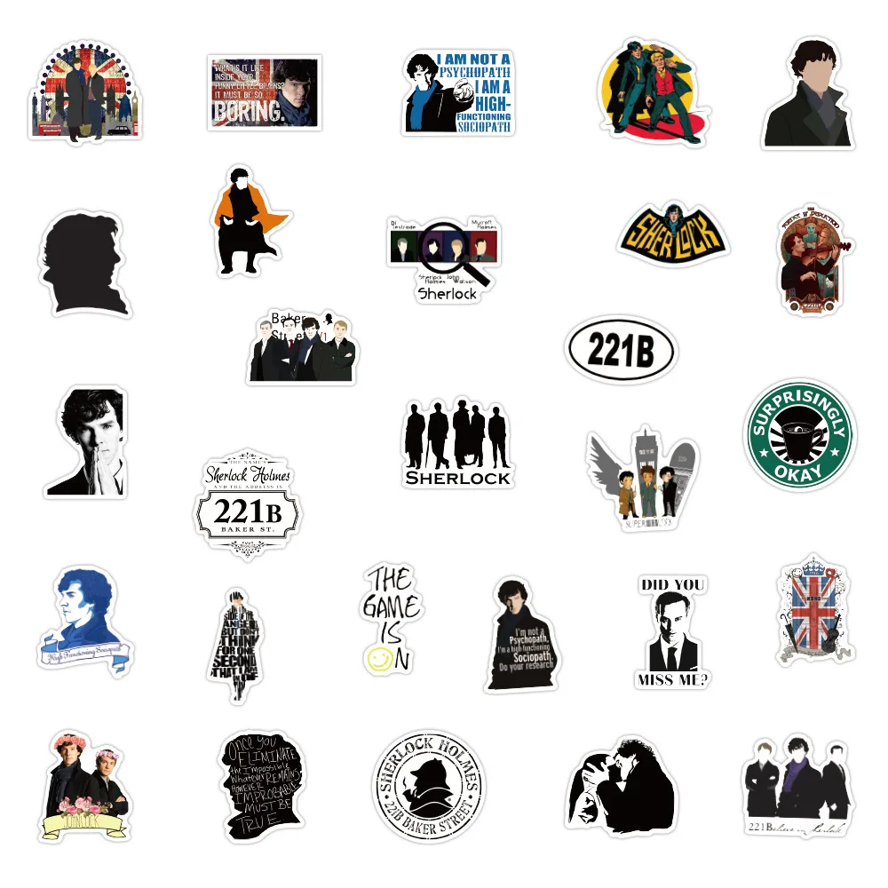 50pcs british tv show sherlock cartoon stickers for laptop motorcycle diary planner scrapbook diy decal stationery sticker toys free global shipping