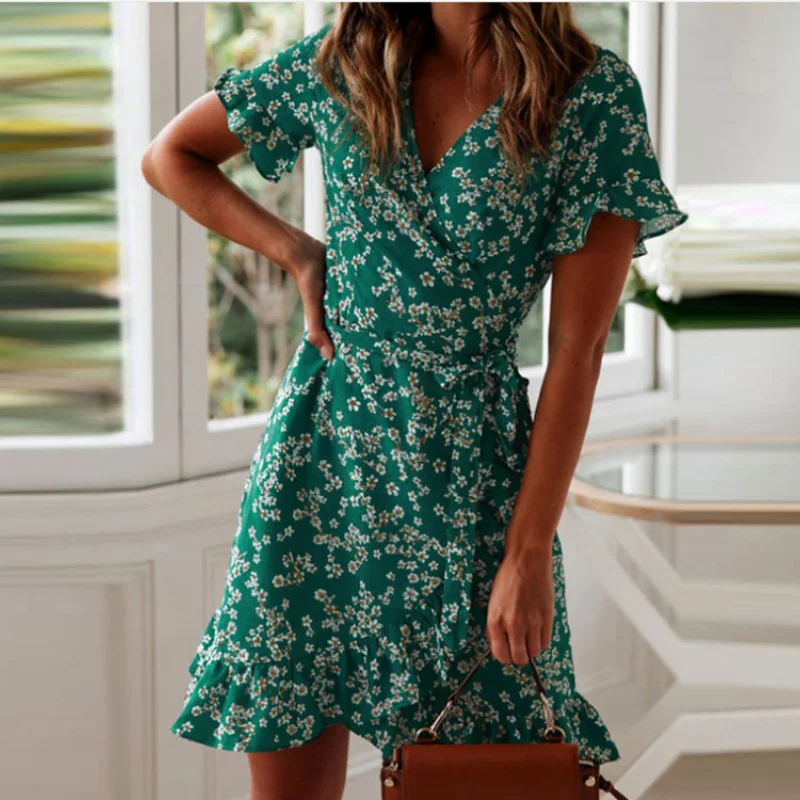 

Women Dresses Summer 2020 Sexy V Neck Floral Print Boho Beach Dress Ruffle Short Sleeve A Line Mini Dress Wrap Sundress Robe