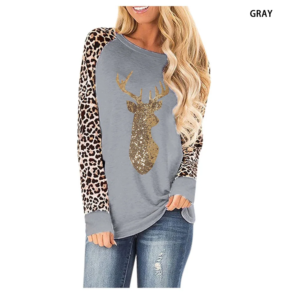 

Christmas Fawn Sequin Sweatshirt Women Leopard Patchwork O-Neck Long Sleeve Shirt 2020 Casual Print Fashion Shirts Plus Size 5XL