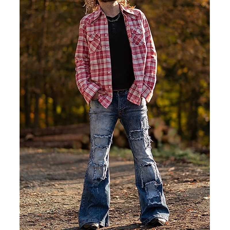 

Джинсы мужские прямые рваные, винтажные брюки с завышенной талией, джинсовые штаны с прострочкой, стрейч, Осень-зима