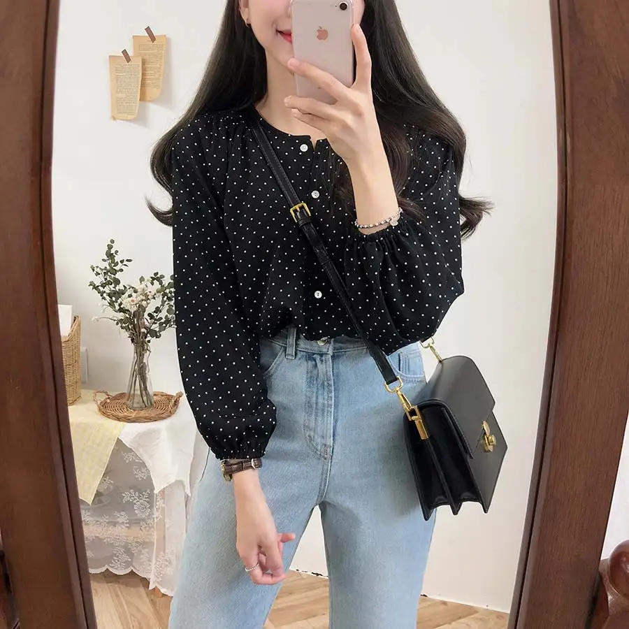 S XL, Новая Винтажная рубашка в горошек, женские топы, женские блузки с длинными рукавами для девочек, большие размеры, осенние женские блузки, femme Blusas