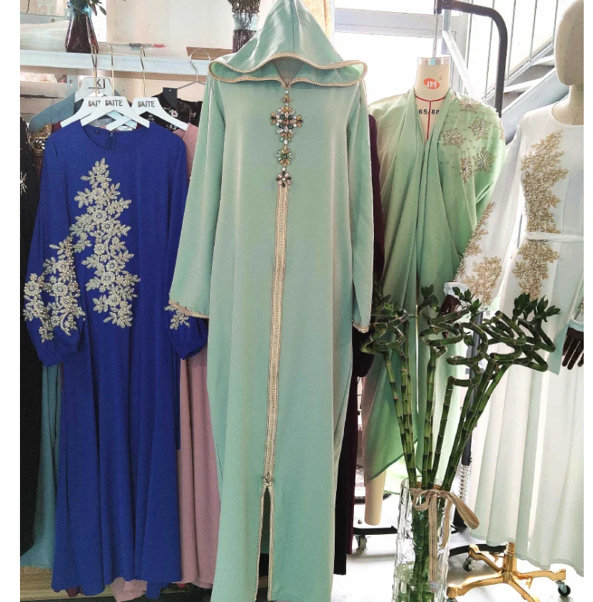 2020 зеленое мусульманское модное платье с капюшоном абайя со стразами одежда на