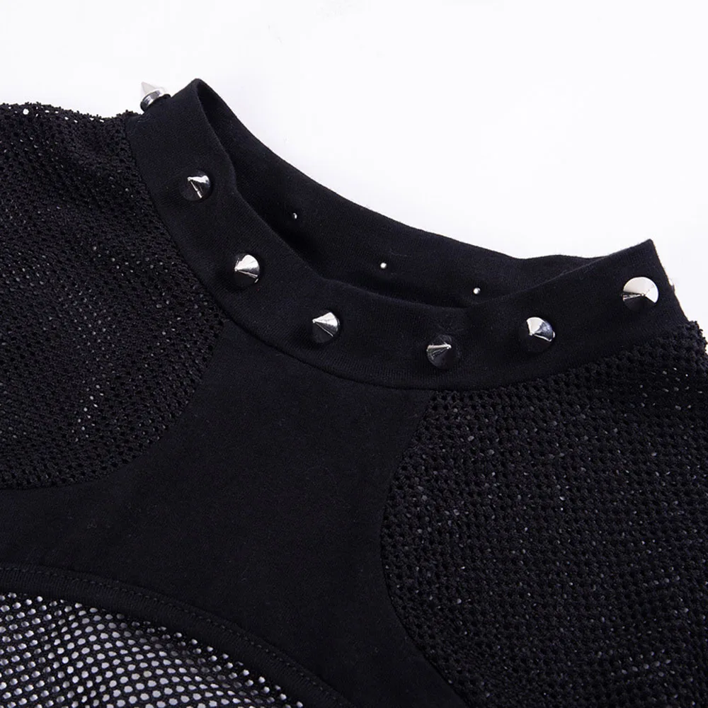 

Western Style High Street Fashion Sexy Hollow Out Rivet Summer T-Shirt Perspective Solid Color Designer Hipster Round Neck