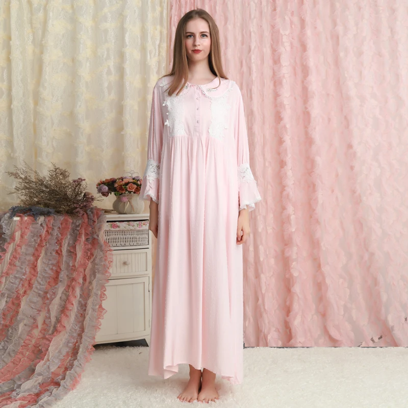 Женская ночная рубашка хлопковая розовая одежда для сна романтичная Осенняя