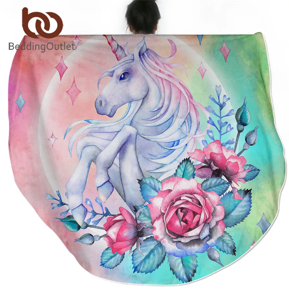BeddingOutlet РОЗОВОЕ КРУГЛОЕ одеяло в виде единорога цветочное розовое фланелевое для