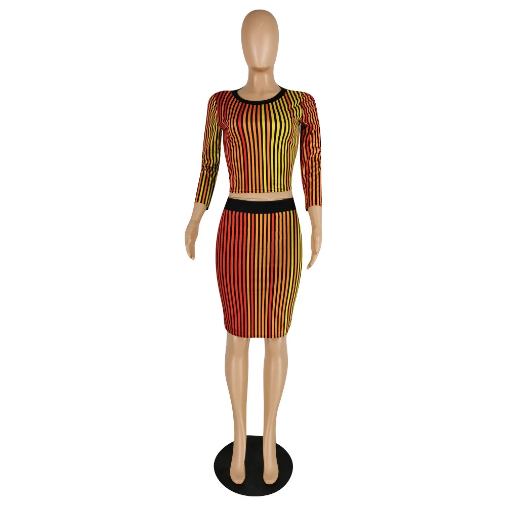 

Europe's new sexy stripe you print slim two piece set fashion o-neck long sleeve T-shirt and short skirt women's set