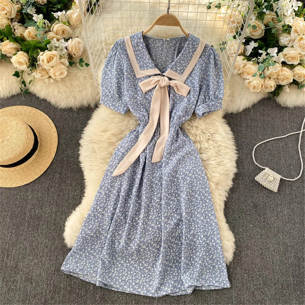 

Women Kawaii Bow Floral Dress Summer Korea Sweet Short Sleeve High Waist Slim Mini Dresses Sundress Gown Female Clothes 2021