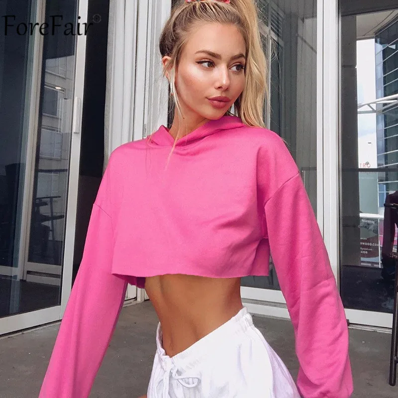 Розовый Forefair женский укороченный Свитшот розовый белый с длинным рукавом сексуальный осенний Хлопок Уличная Повседневная короткое худи - Цвет: Розовый