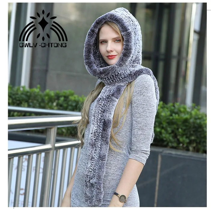 2019 New Knitted Real Rex Rabbit Fur Hat Hooded Scarf women fashion hand made Winter Warm Natural With Neck Scarves | Аксессуары для
