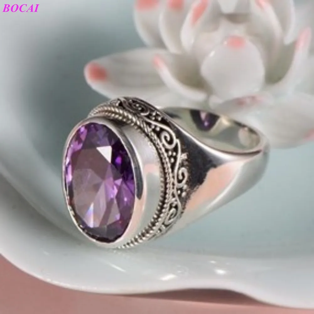 

BOCAI s925 sterling silver female rings new fashion jewelry cut face Amethyst simplified lady's personality Thai silver ring