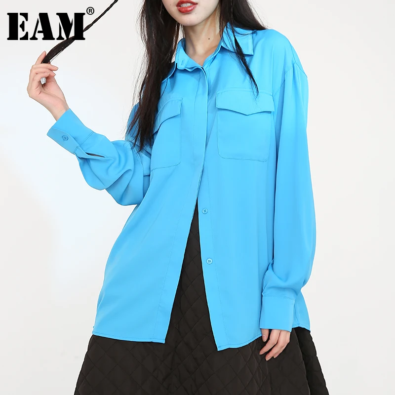 

[EAM] женская синяя свободная винтажная блузка большого размера, новая свободная рубашка с отворотом и длинным рукавом, модная весенне-осення...