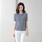 Вязаный пуловер, женский свитер, лето 2020, с коротким рукавом, тонкий, с круглым вырезом, в клетку, пуловер, джемперы, Женский трикотажный топ