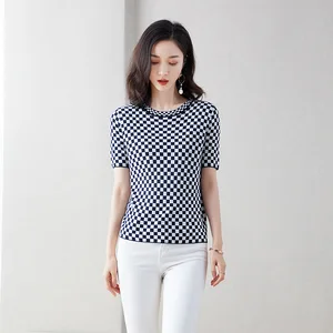 Вязаный пуловер, женский свитер, лето 2020, с коротким рукавом, тонкий, с круглым вырезом, в клетку, пуловер, джемперы, Женский трикотажный топ