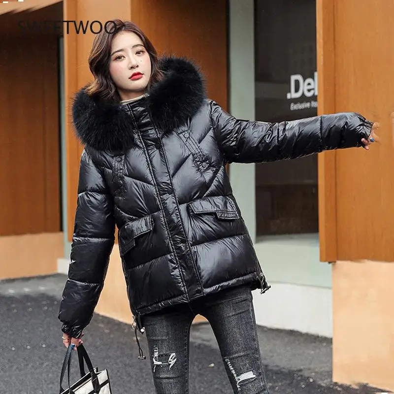Big Fur Collar Down Jacket Women Winter Jacket overcoat Bright down jacket for women Winter Coat Women Puffer Jacket Hooded