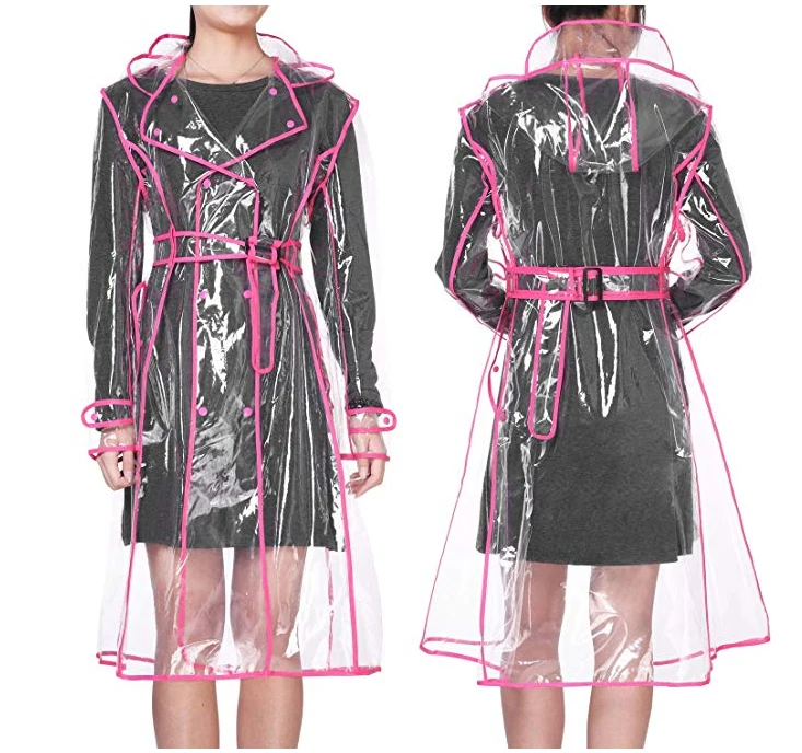 

Waterproof Transparent Plastic Clear Long Ladies Raincoats Women Men Fashion Rain Coat Jackets Hooded with Belt