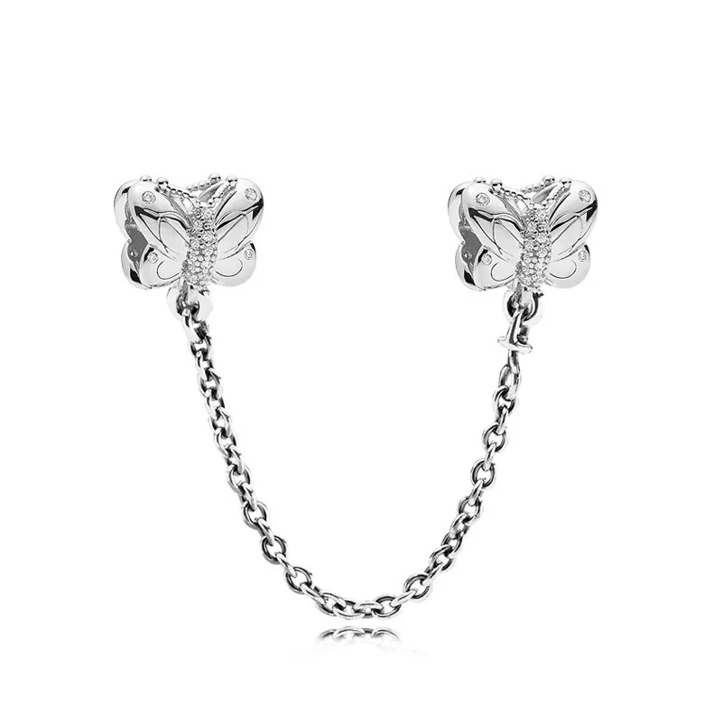 Серебро 925 пробы сверкающая прозрачная блестящая цепочка с бабочкой Шарм-бусина