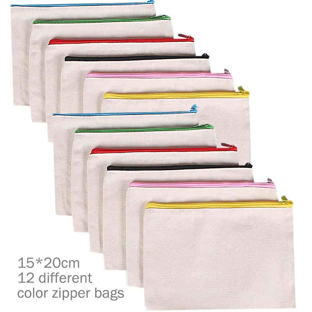 12Pcs Blank ผ้าใบกระเป๋าเครื่องสำอางซิปกระเป๋าดินสอกระเป๋า Blank DIY Craft กระเป๋าดินสอกรณีเหรียญกรณีผ้าใ...