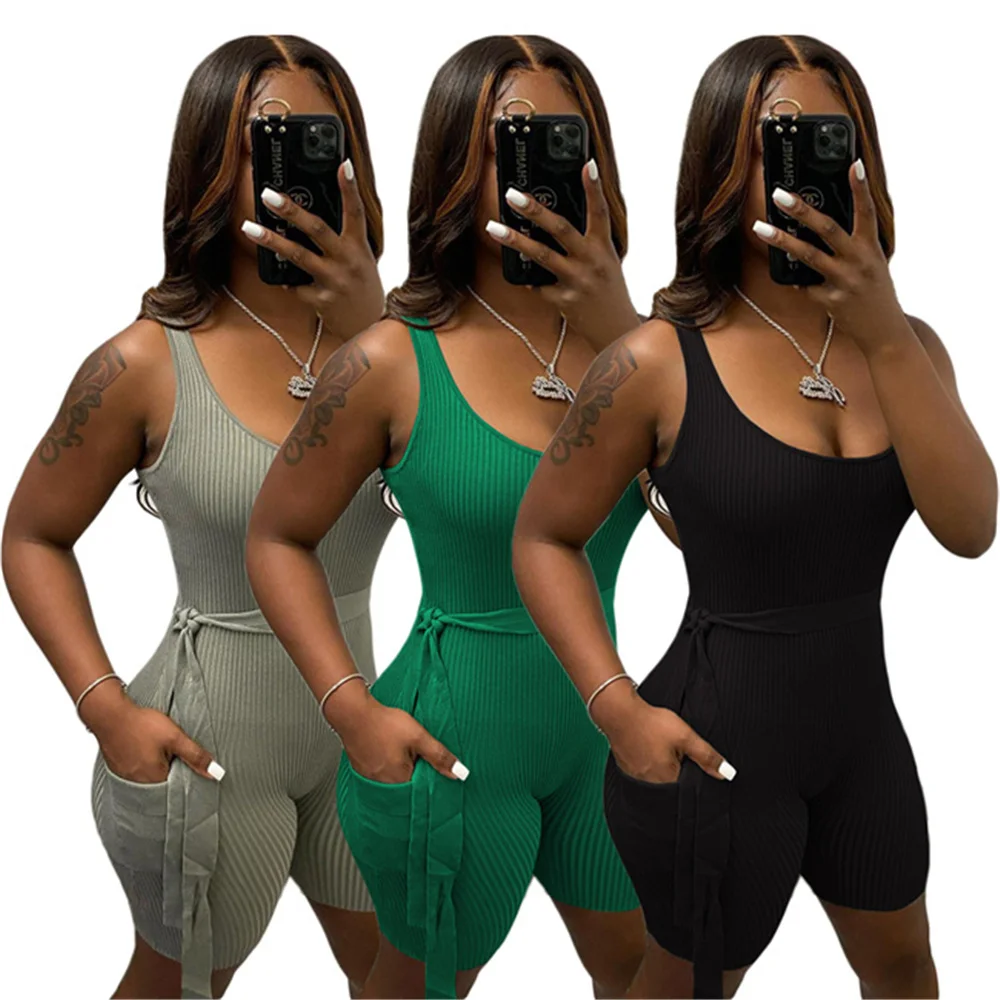 

RStylish Women Basic Bodycon Romper 2021 Summer Sleeveless Solid Color Rib Knit Stretchy One-Piece Short Jumpsuit Lady Playsuits