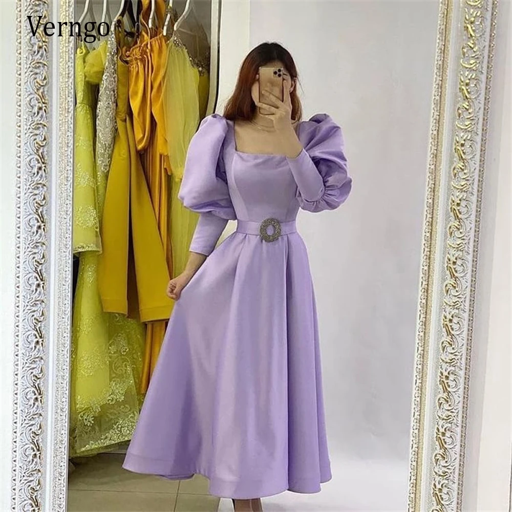 

Verngo Simple Lavender Satin A Line Evening Party Dresses Long Puff Sleeves Square Neck Ankle Length Prom Gowns Women