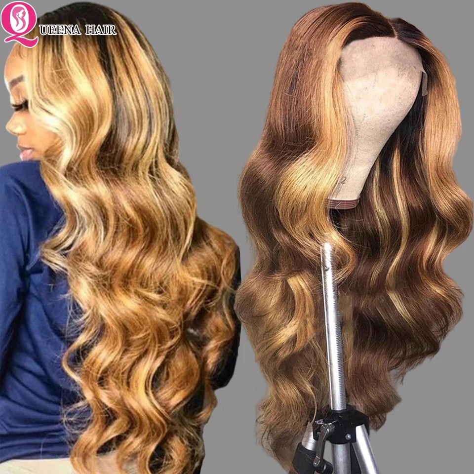Highlight Ombre Human Hair Wig Body Wave Lace Front Wig Ombre Highlighted Honey Blonde Wig Peruvian Colored Lace Closure Wigs