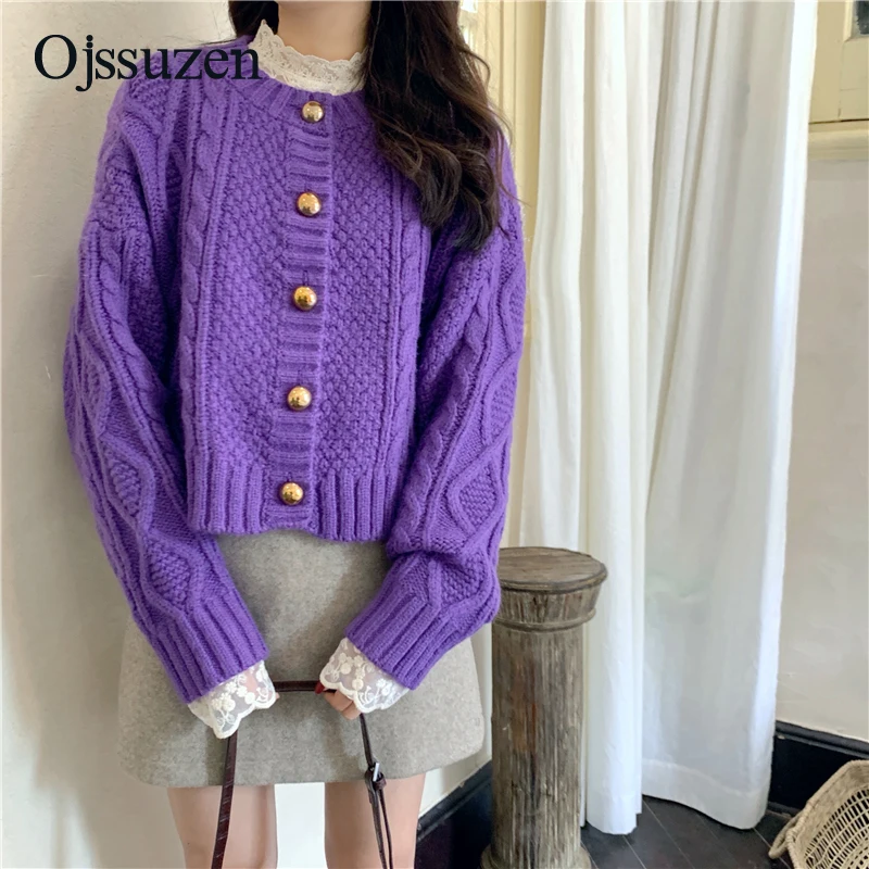 Фиолетовый корейский свитер женский кардиган на пуговицах укороченный топ