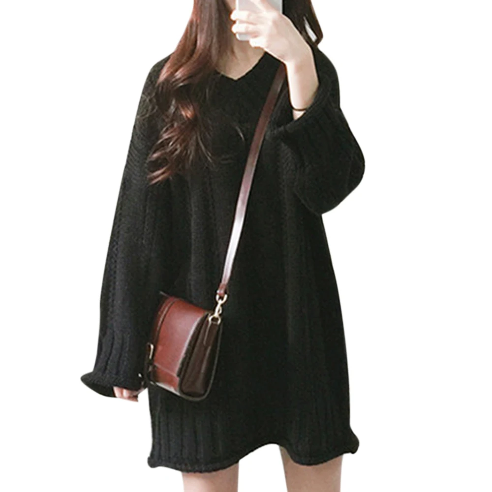 

Women Sweater Dress Solid Knitted Casual Long Sleeve V Neck Dresses Women Clothing Loose Dress Women Autun Winter Vestidos