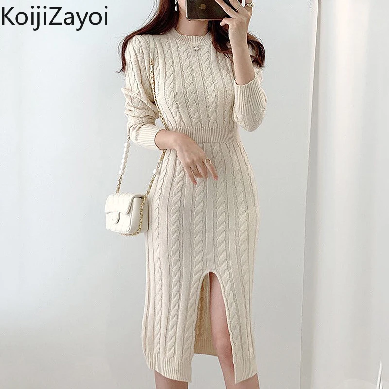 

Элегантное женское трикотажное платье-макси Koijizayoi, офисные женские базовые плотные теплые платья, шикарные корейские прямые поставки, обле...