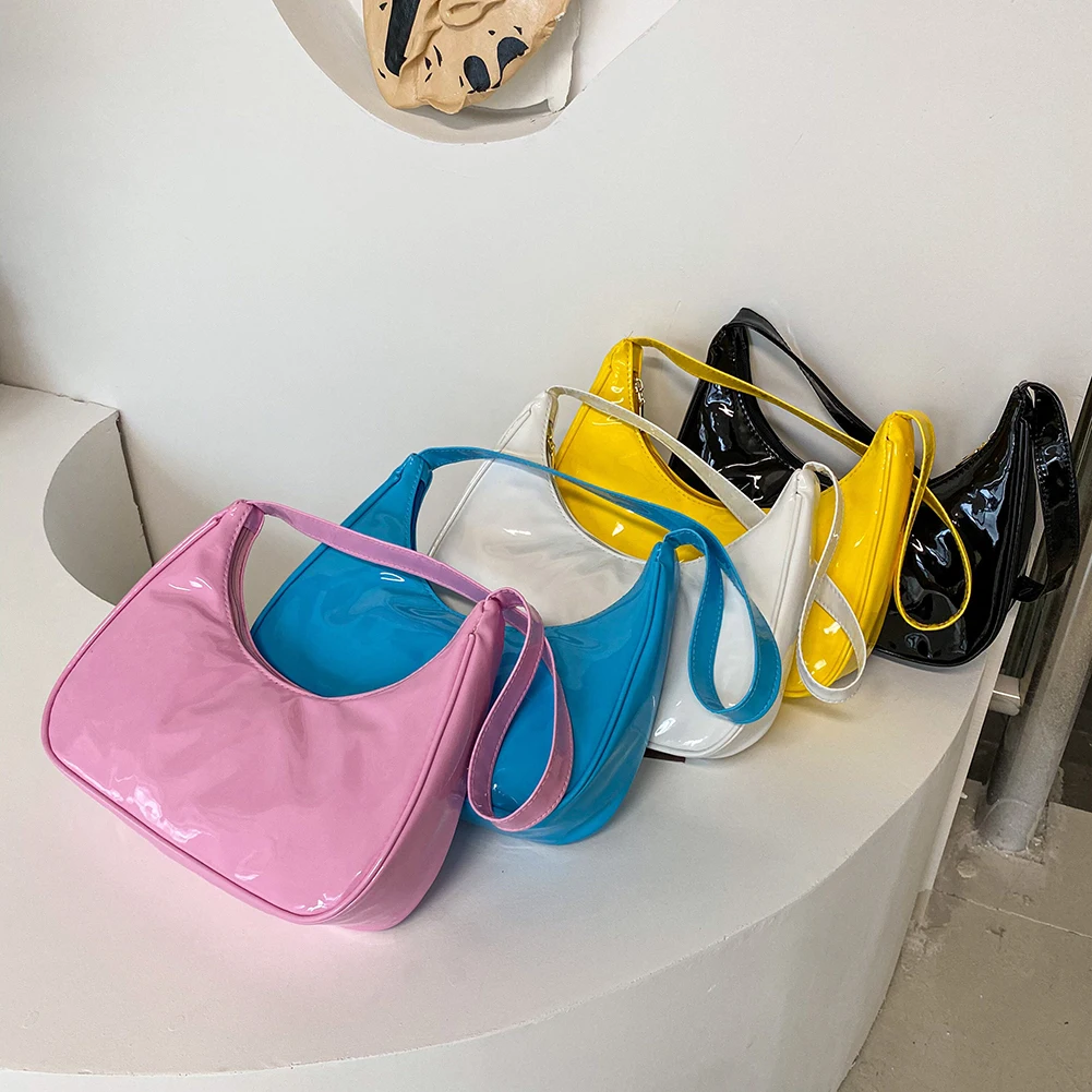 

Ladies Shoulder Bags Fashion Women Patent Leather Crescent Pure Color Underarm Small Purse Phone Handbags for Daily,