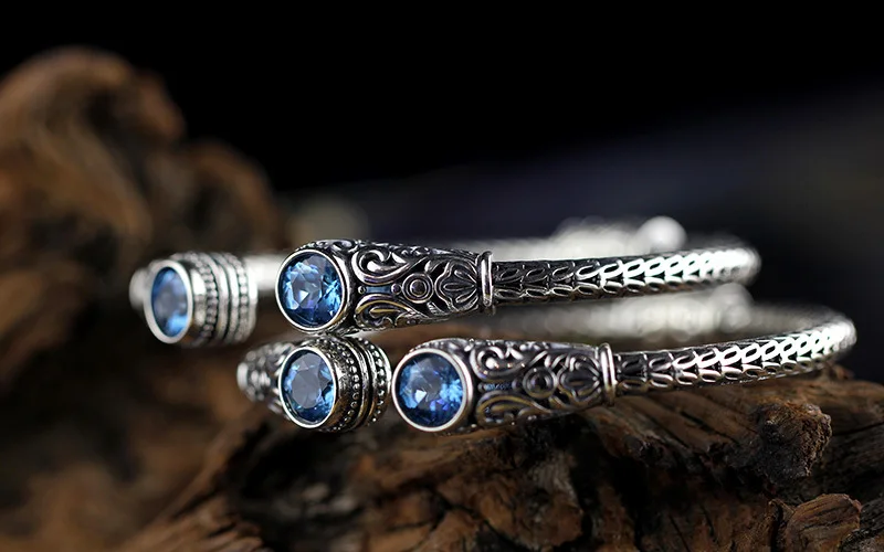

Earring925 Thai Silver Handmade Jewelry Indonesia Vintage Inlaid Natural Blue Topaz Onyx CrystalRings