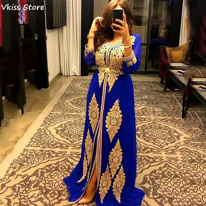 

Vkiss Royal Blue Evening Dress Muslim Eleant A-line Satin Gold Applique Floor Length V-neck Prom Dress вечернее платье 2020