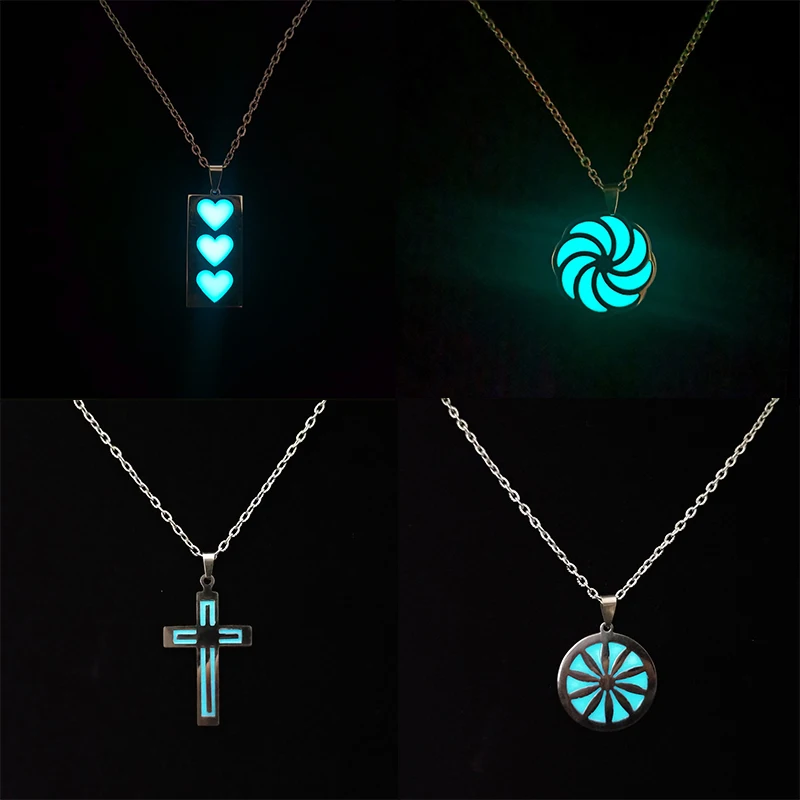 

Stainless Steel Luminous Heart Cross Pendant Necklace for Women Men Coconut Tree Flower Chain Choker Glowing In The Dark Jewelry