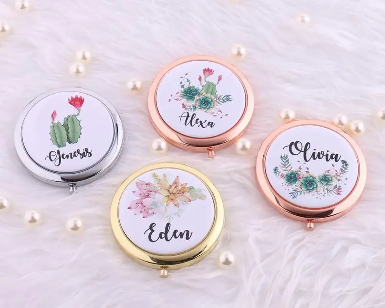 Персонализированные компактное зеркало ваше имя акварель кактус сочные