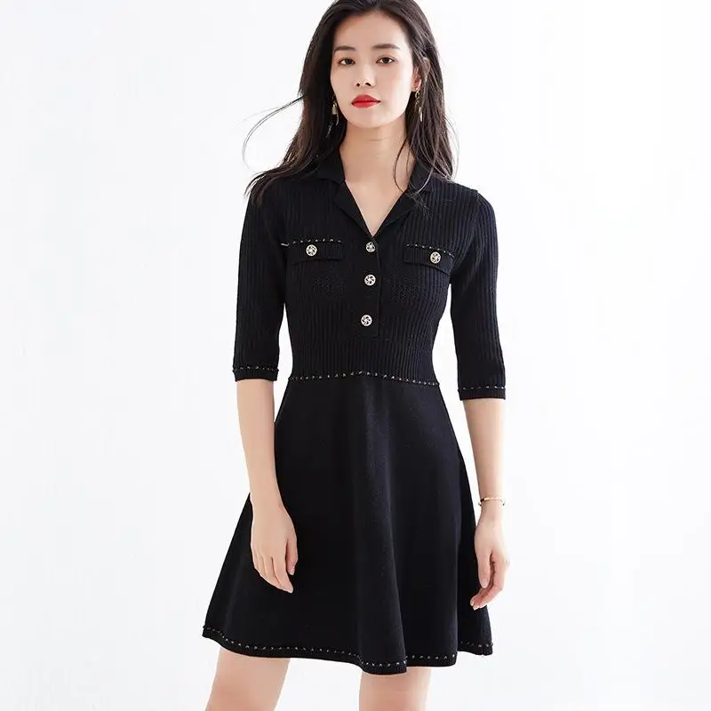 

the Europe and United States 2021 spring women's new Lapel slim skirt short sleeve knitted dress