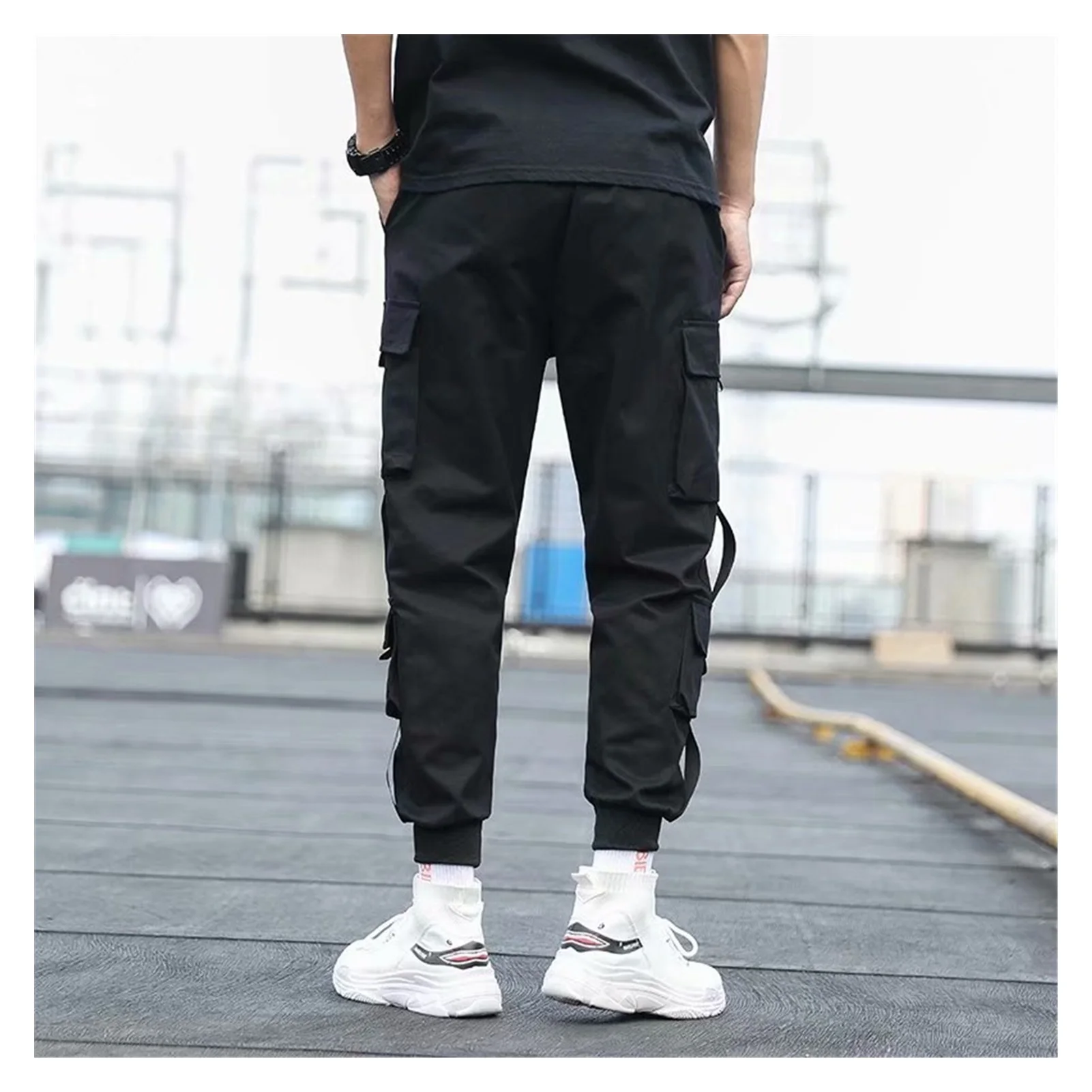 

Шаровары мужские с боковыми карманами, брюки-карго, с лентами, повседневные Джоггеры в стиле хип-хоп, черные модные уличные штаны, 2021