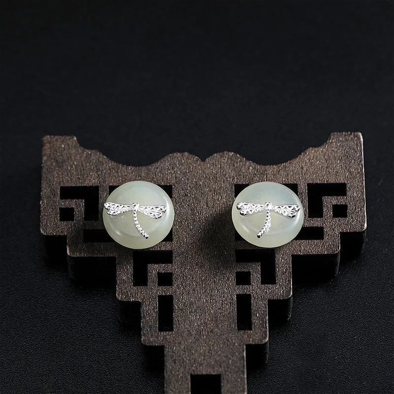 Висячие серьги-гвоздики из стерлингового серебра 925 пробы с круглой Нефритовой