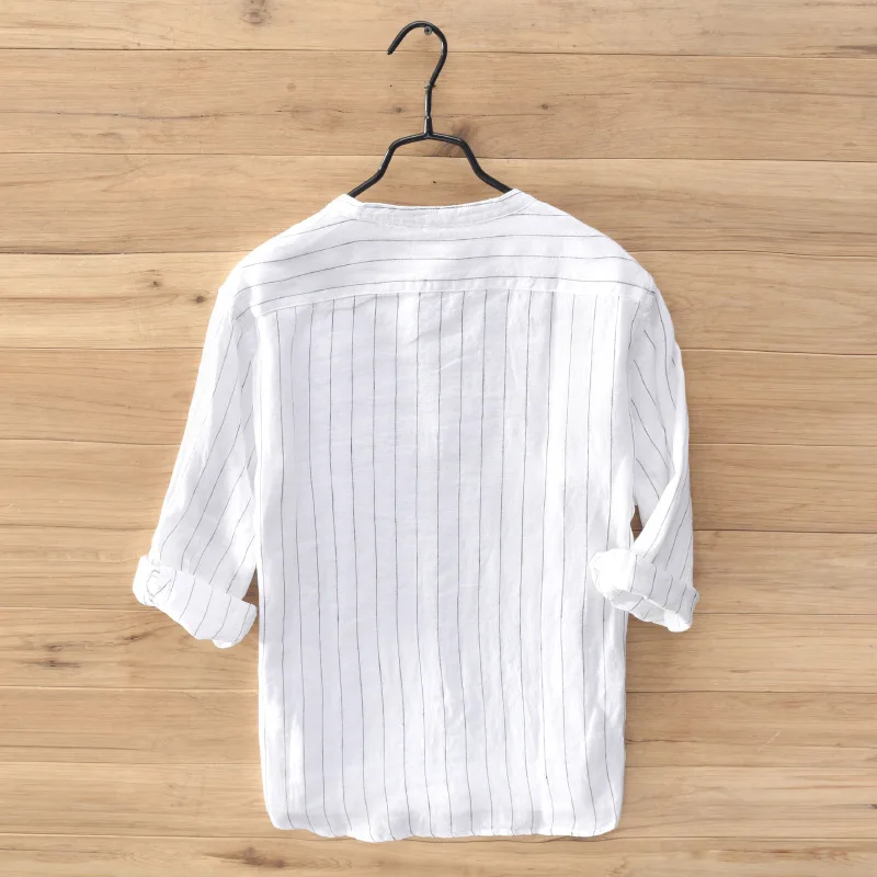 Рубашка Мужская льняная с воротником-стойкой модная сорочка полурукавами