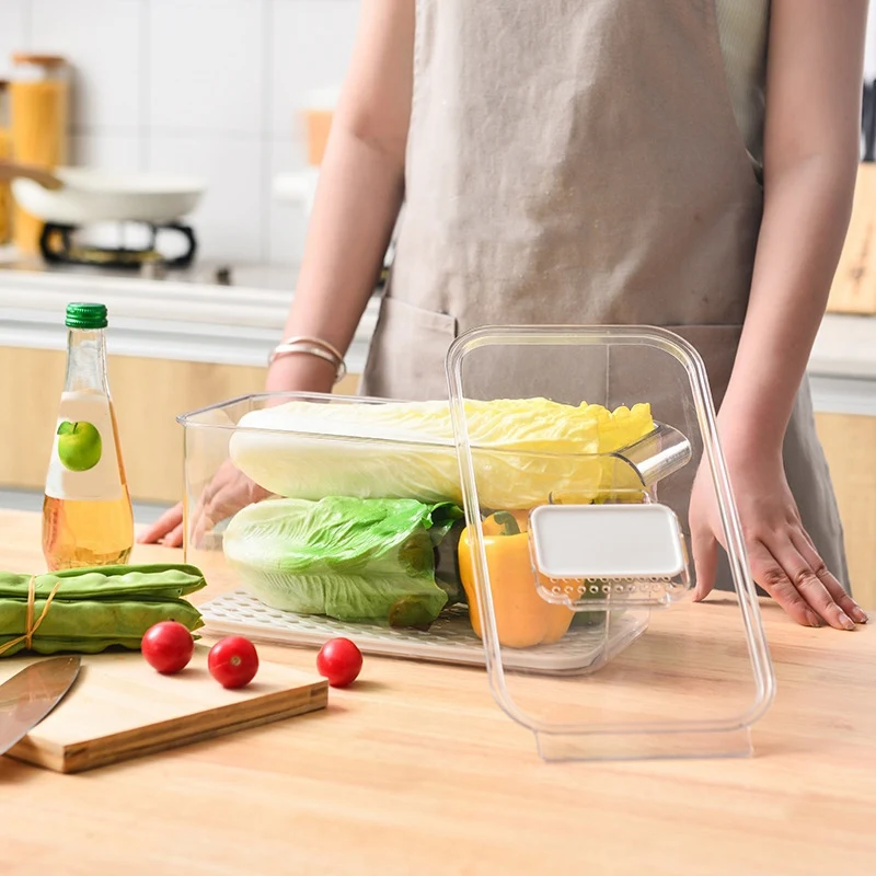

2Pcs Refrigerator Storage Box Clear Fruit Vegetable Drain Containers with Lid Kitchen Fridge Organizer
