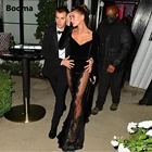 Женское бархатное платье с юбкой-годе Booma, Черное вечернее платье с V-образным вырезом и длинными рукавами, Прозрачная Кружевная юбка с высоким разрезом, велюровые вечерние платья