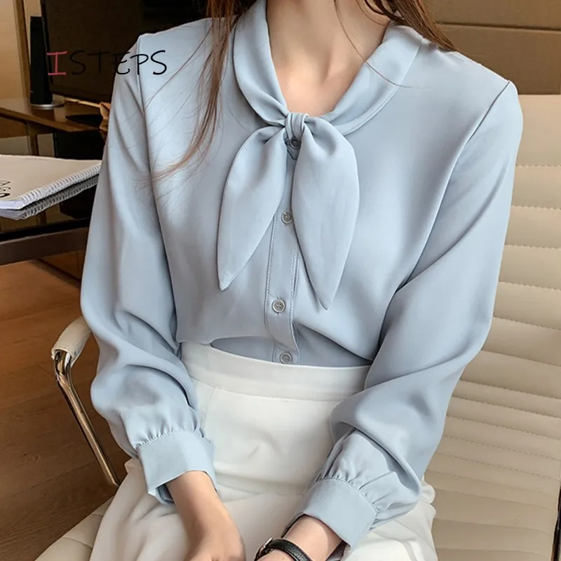 Блузка женская шифоновая с бантом, Элегантная стильная рубашка с длинным рукавом, офисный Топ, одежда для работы, белый синий цвет