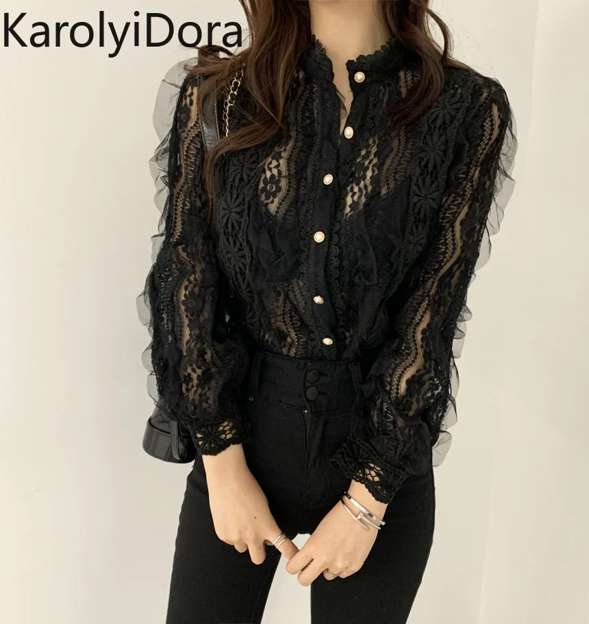 2020 Spring New Arrival Ladies Lace Shirt Hook Flower Long Sleeve Loose Stand Collar Blouse Shirts Women Fashion Crochet Tops