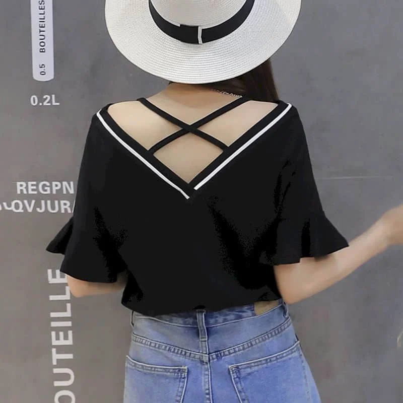 

Women's summer v-neck t-shirt loose shoulder short sleeve off-shoulder flared sleeve top bottoming shirt compassionate Korean